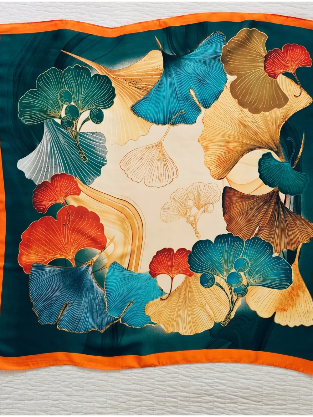 Botanical Print Neck Scarf in Teal and Orange